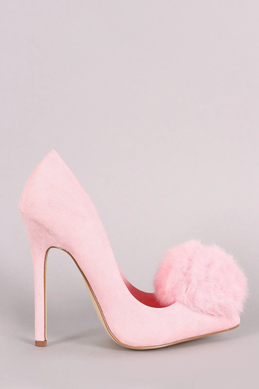 Faux Fur Pom Pom Suede Pointy Toe Stiletto Pump
