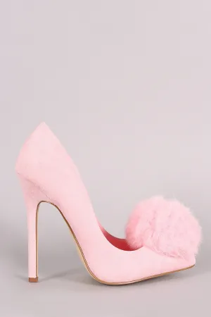 Faux Fur Pom Pom Suede Pointy Toe Stiletto Pump