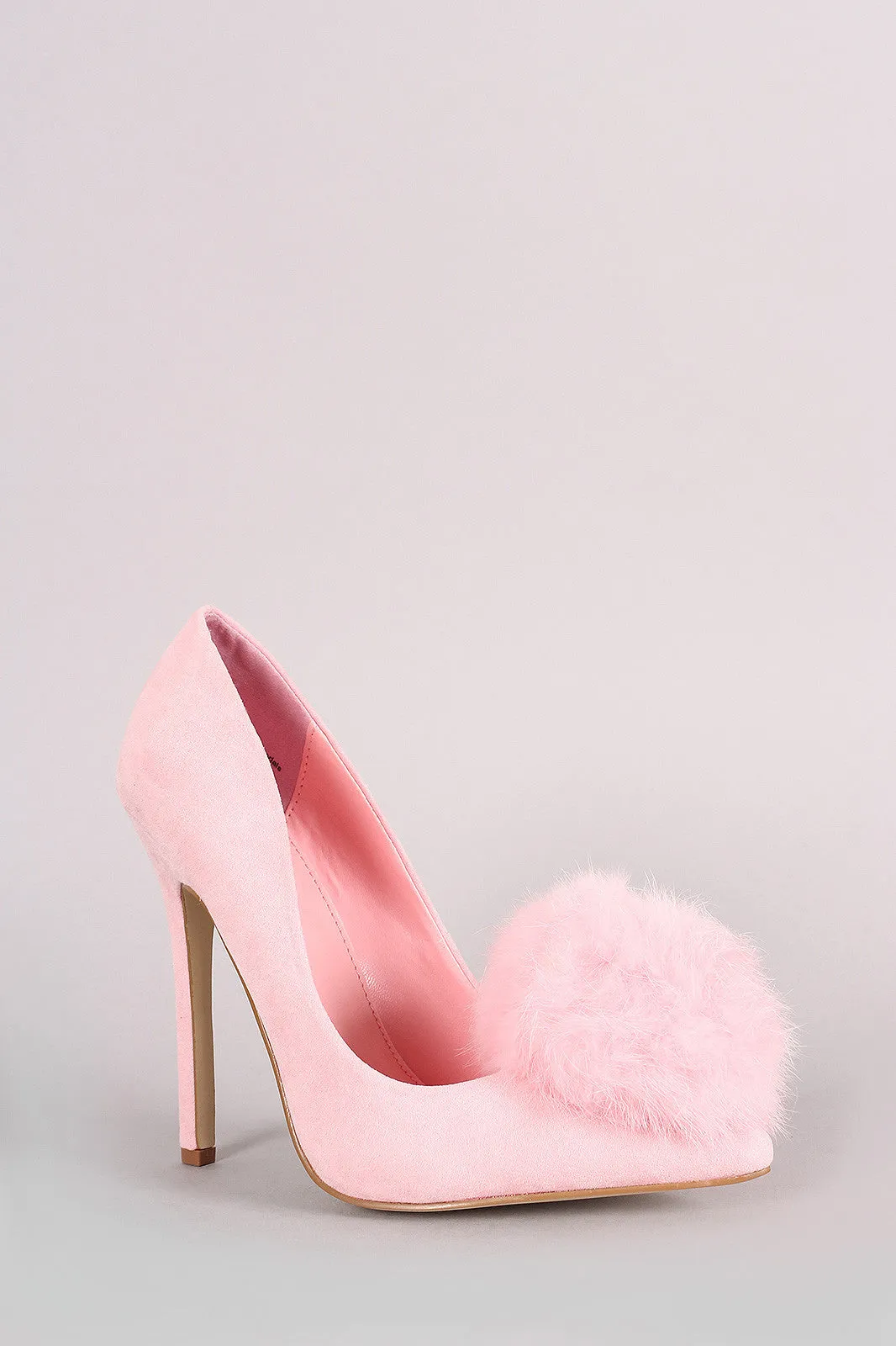 Faux Fur Pom Pom Suede Pointy Toe Stiletto Pump