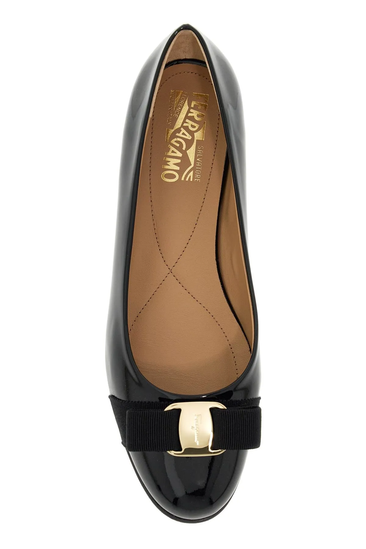 Ferragamo Black Patent Leather Varina Ballet Flats for Women: FW24 Collection