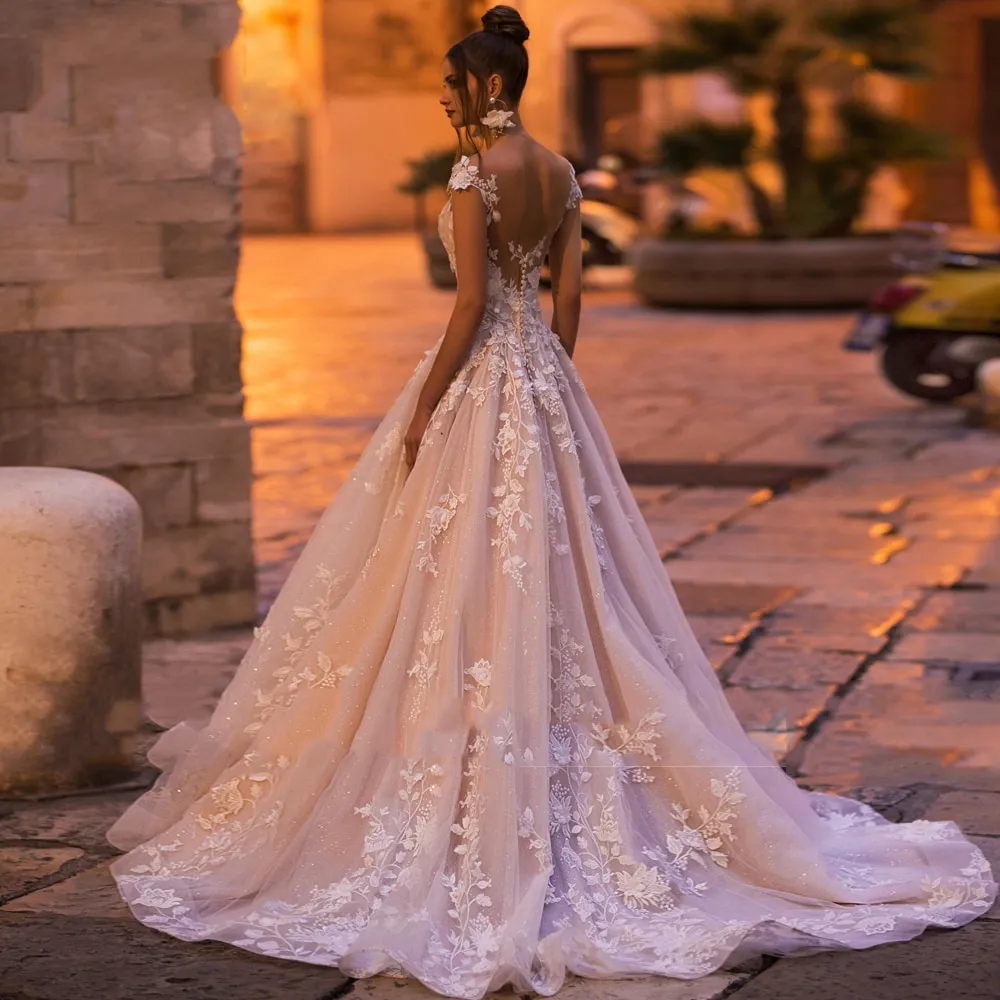 Fmogl Sexy Backless Cap Sleeve Lace Princess Wedding Dress Appliques Beaded Flowers Court Train Vintage A Line Bridal Gowns