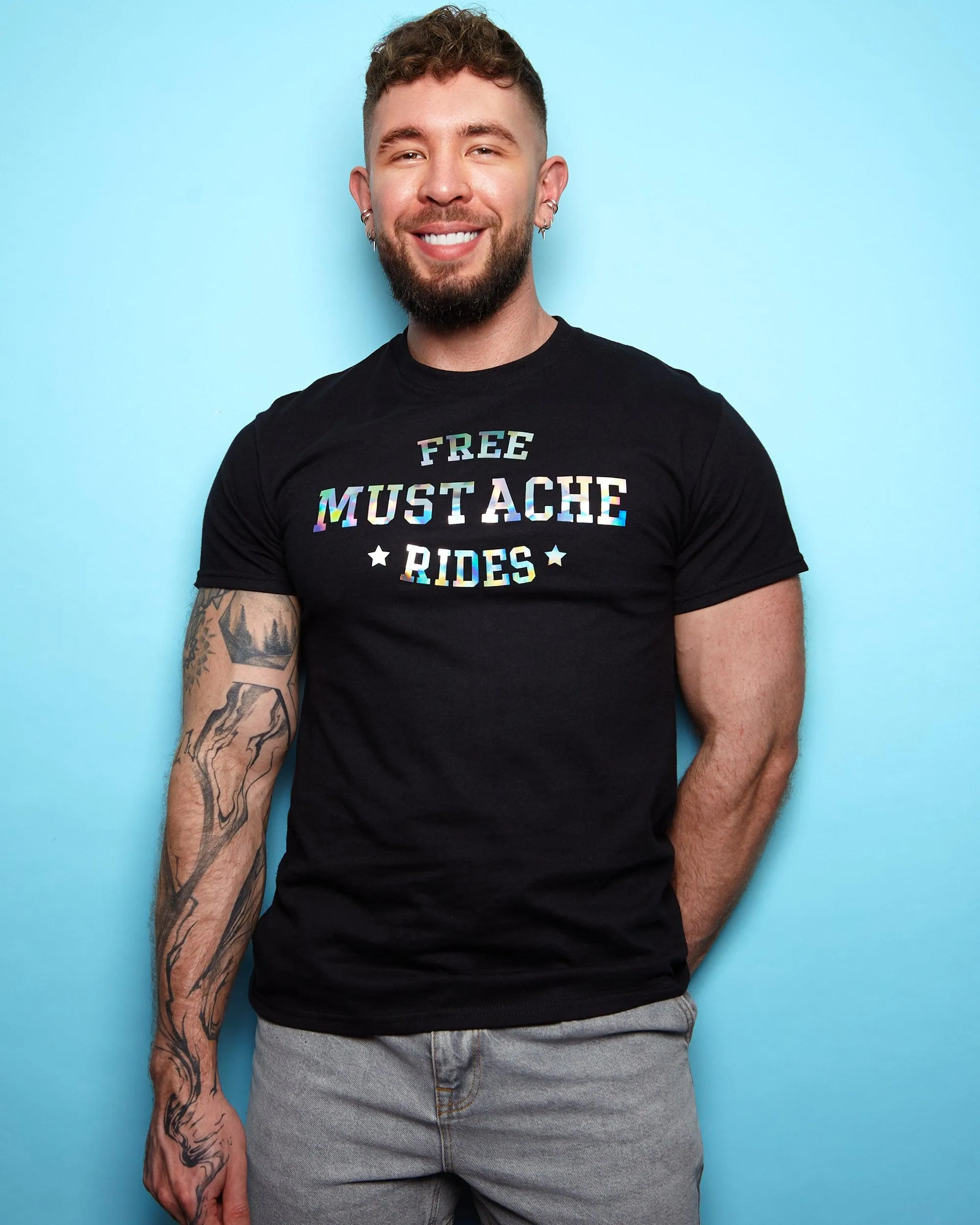 Free mustache rides, hologram - mens tshirt