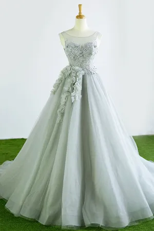 Gray Tulle Court Train Formal Long Prom Dress With Flowers DM942