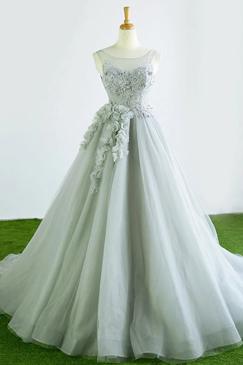 Gray Tulle Court Train Formal Long Prom Dress With Flowers DM942