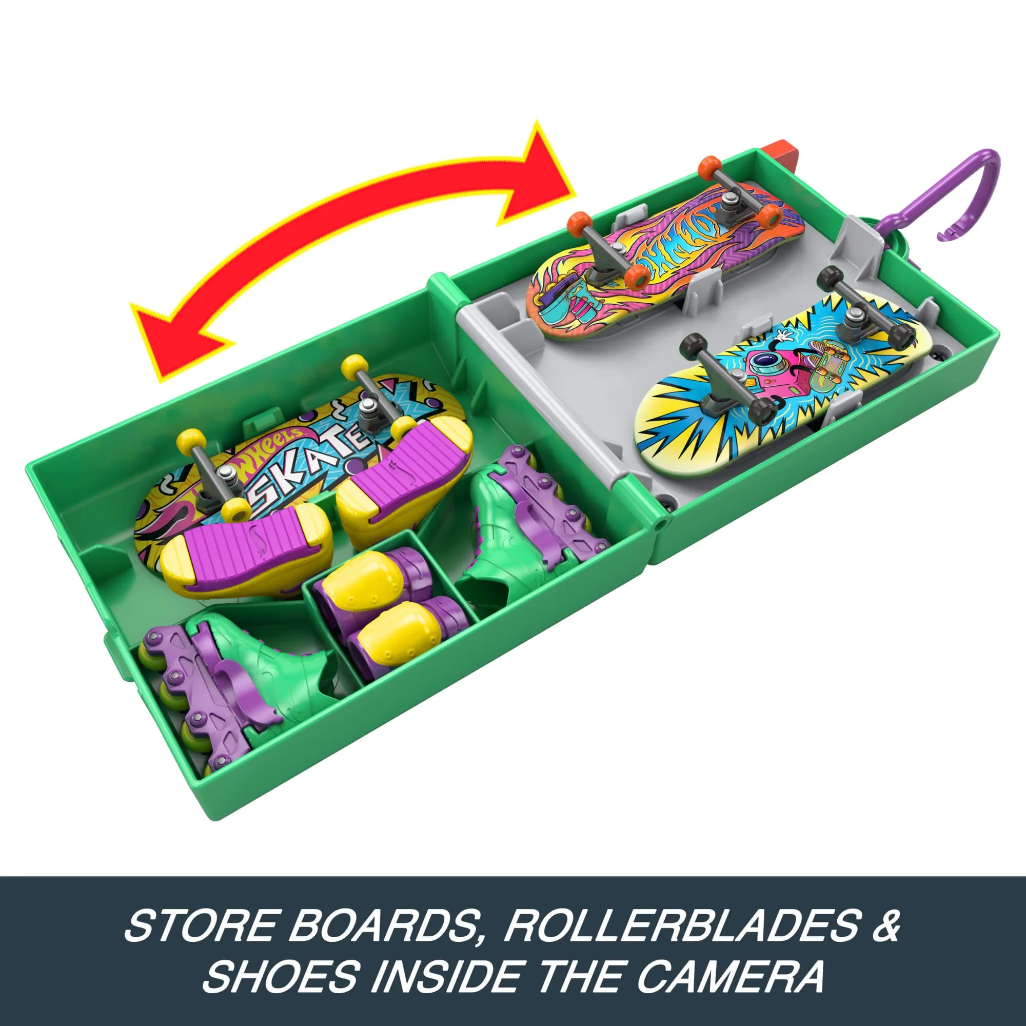 Hot Wheels Skate 90's Rewind & Grind Multipack, Fingerboards & Finger In-Line Skates, Shoes & Camera Storage Case (9 Pieces)