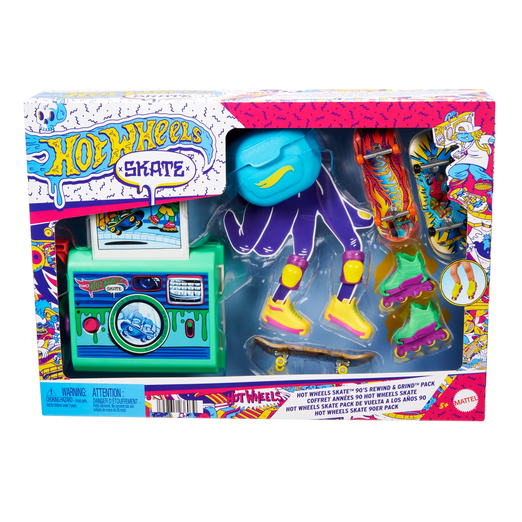 Hot Wheels Skate 90's Rewind & Grind Multipack, Fingerboards & Finger In-Line Skates, Shoes & Camera Storage Case (9 Pieces)