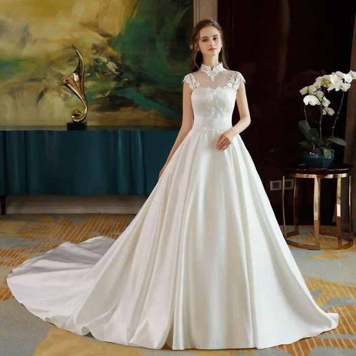 Ivory High Neck Ball Gown Lace Applique Cheap Wedding Dresses DM801