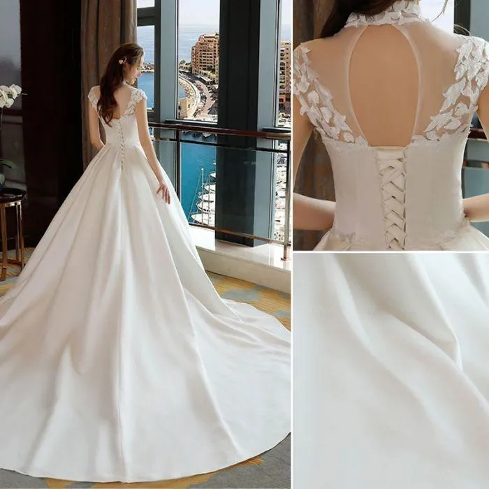 Ivory High Neck Ball Gown Lace Applique Cheap Wedding Dresses DM801
