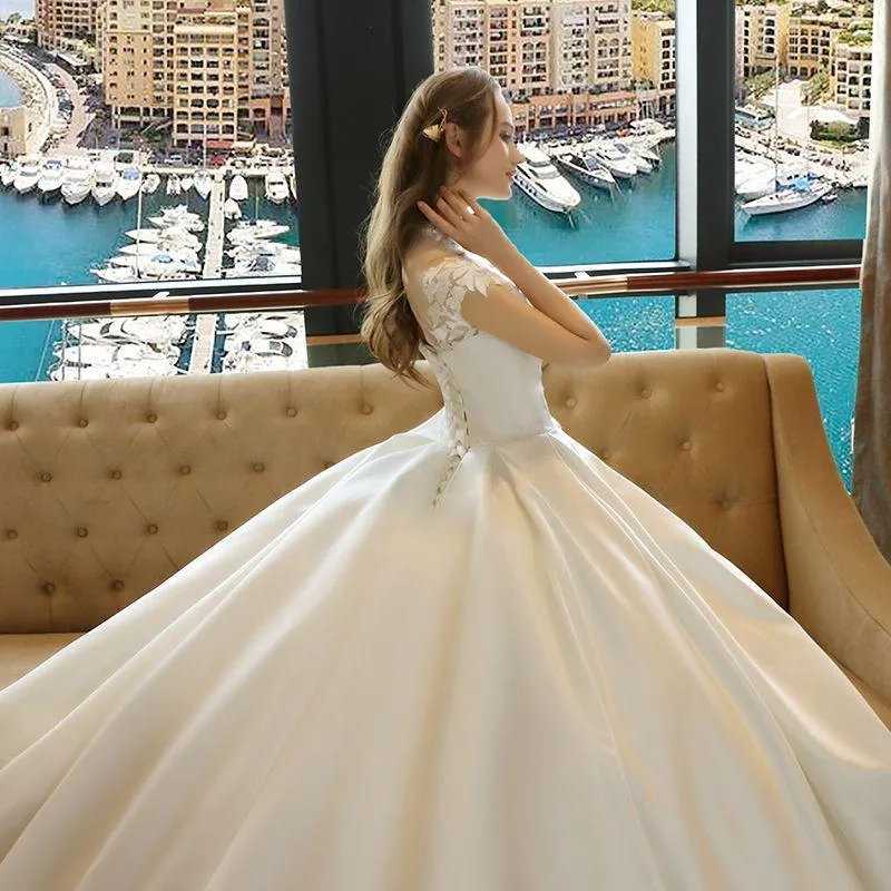 Ivory High Neck Ball Gown Lace Applique Cheap Wedding Dresses DM801