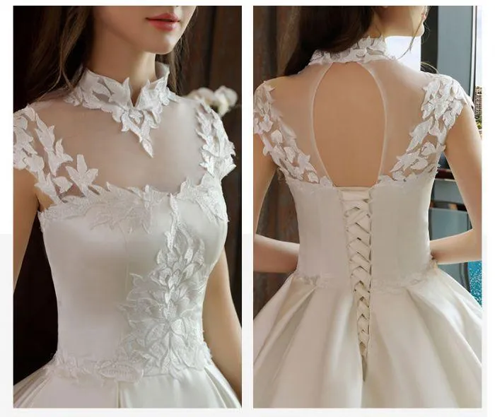 Ivory High Neck Ball Gown Lace Applique Cheap Wedding Dresses DM801