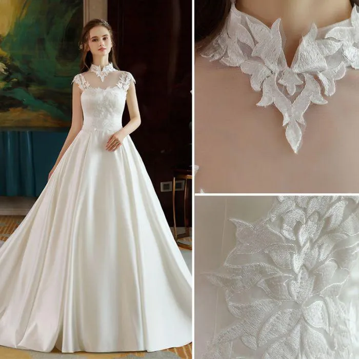 Ivory High Neck Ball Gown Lace Applique Cheap Wedding Dresses DM801