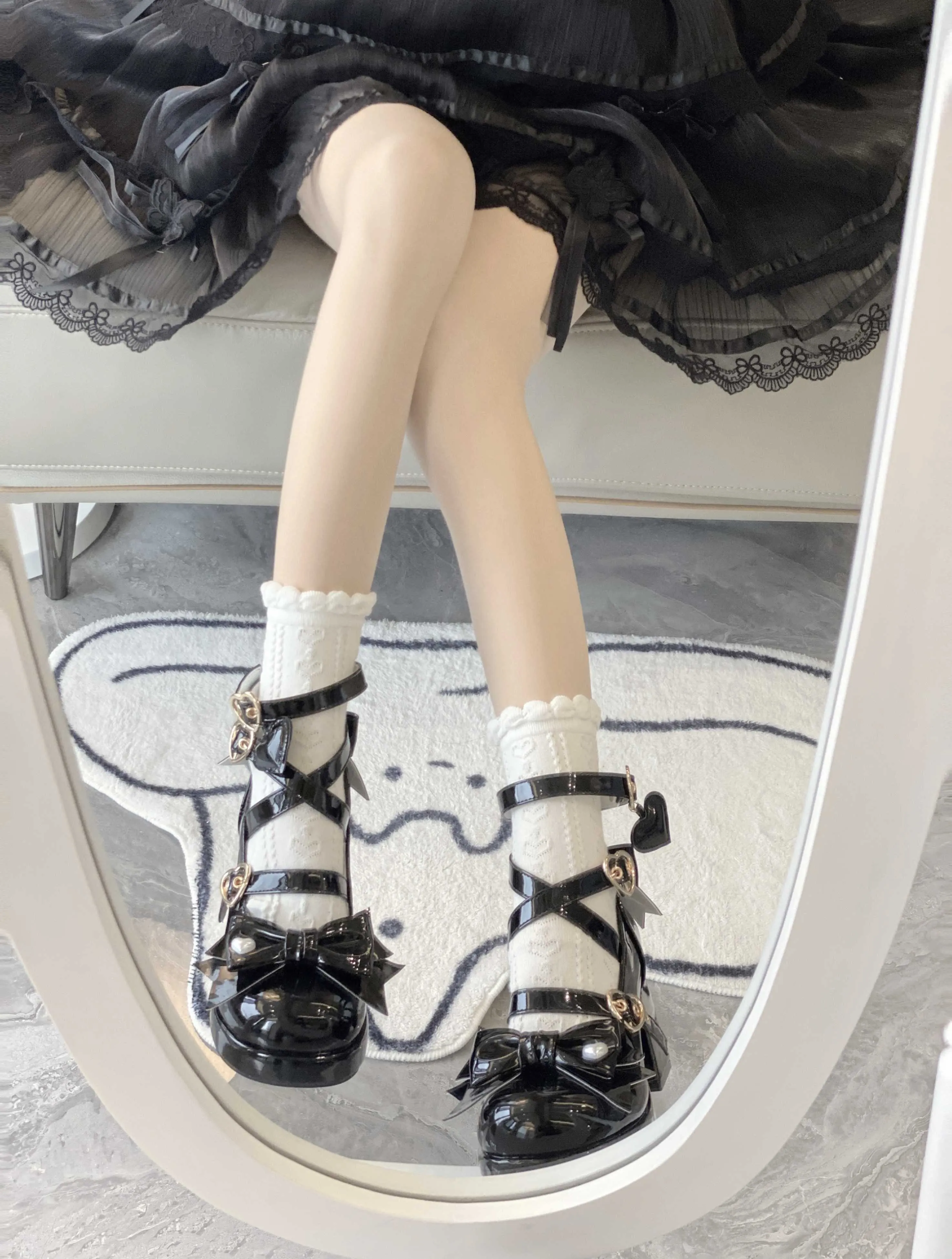 Love Song Love Track Lolita Black White Pink Red Bow Mary Jane High Heels Shoes