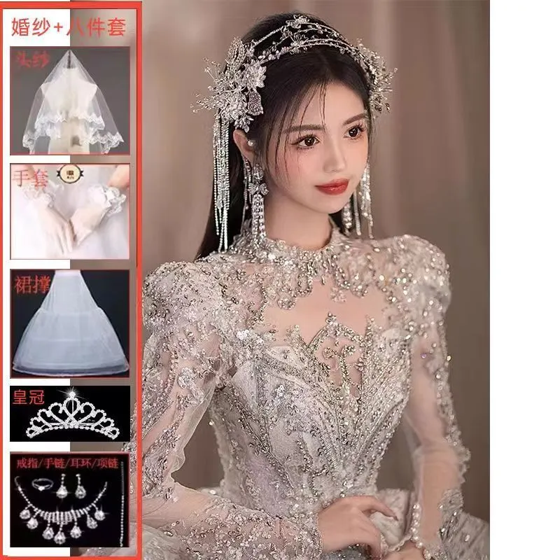 Main wedding dress 2024 new bride long trailing starry sky small man going out yarn light advanced heavy industry elegant court