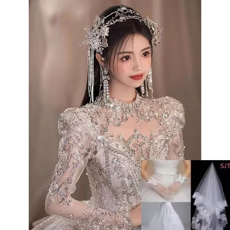 Main wedding dress 2024 new bride long trailing starry sky small man going out yarn light advanced heavy industry elegant court