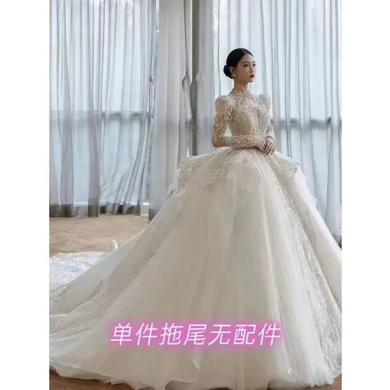 Main wedding dress 2024 new bride long trailing starry sky small man going out yarn light advanced heavy industry elegant court