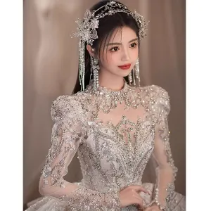 Main wedding dress 2024 new bride long trailing starry sky small man going out yarn light advanced heavy industry elegant court