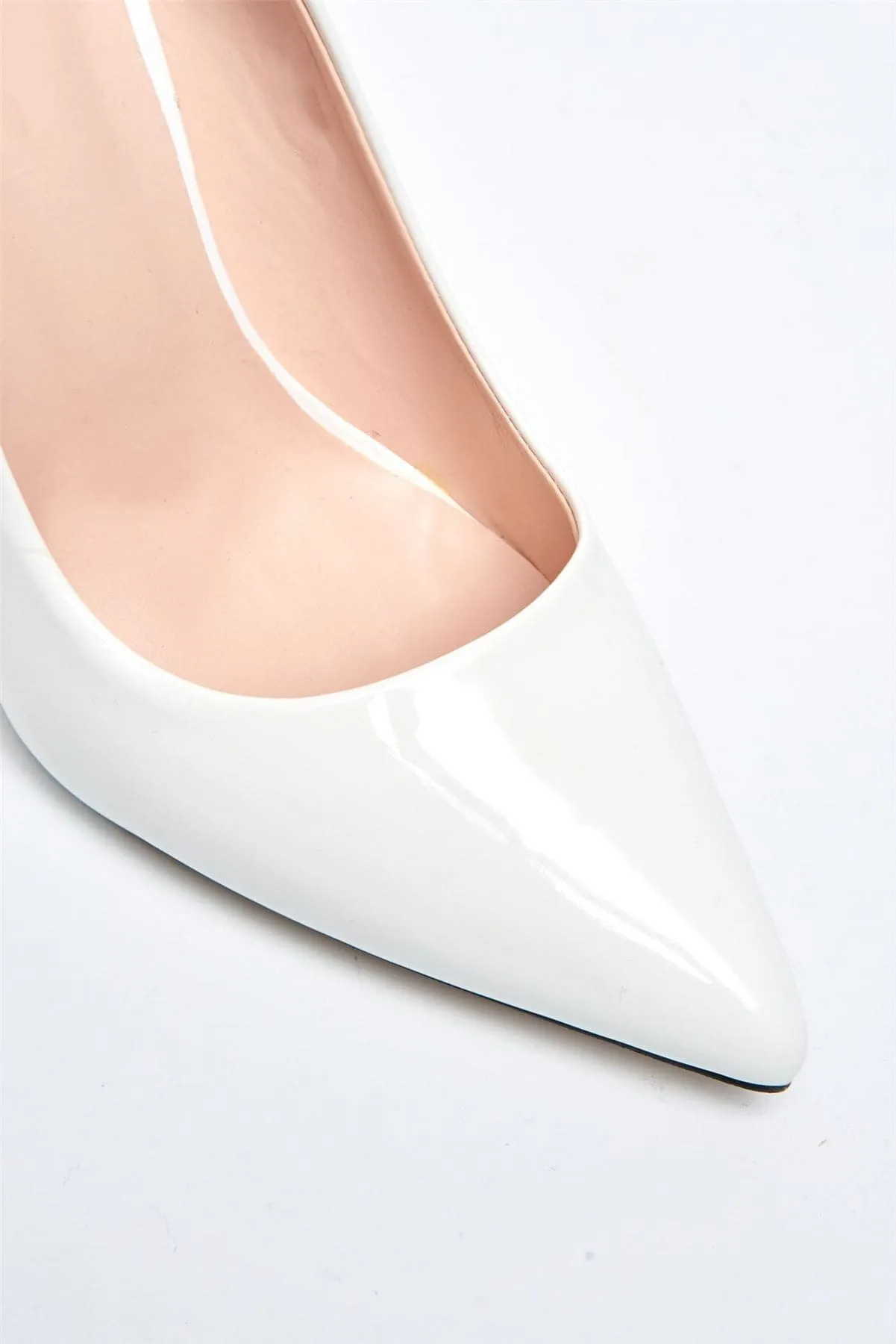 Mila High Stiletto Heel Court Shoe in White Patent