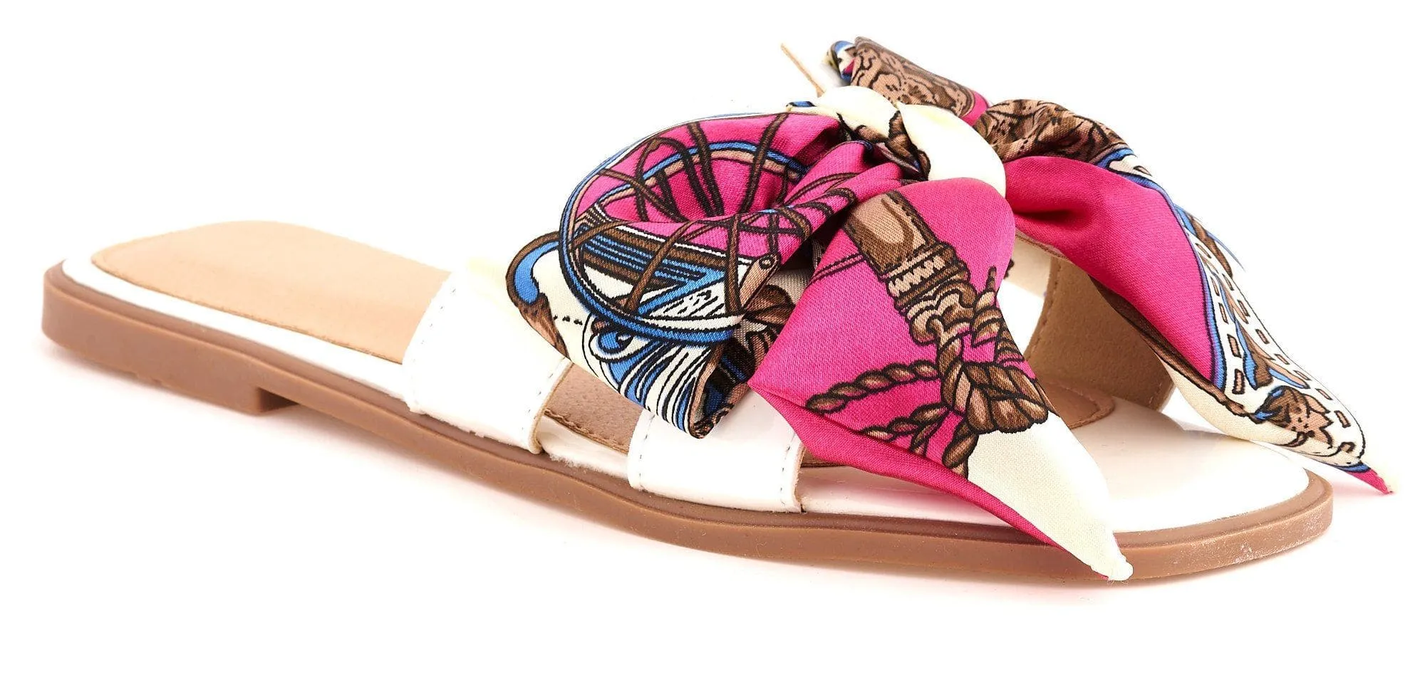 Paris Chain Print Silk Bow Open Toe Flat Sliders in White