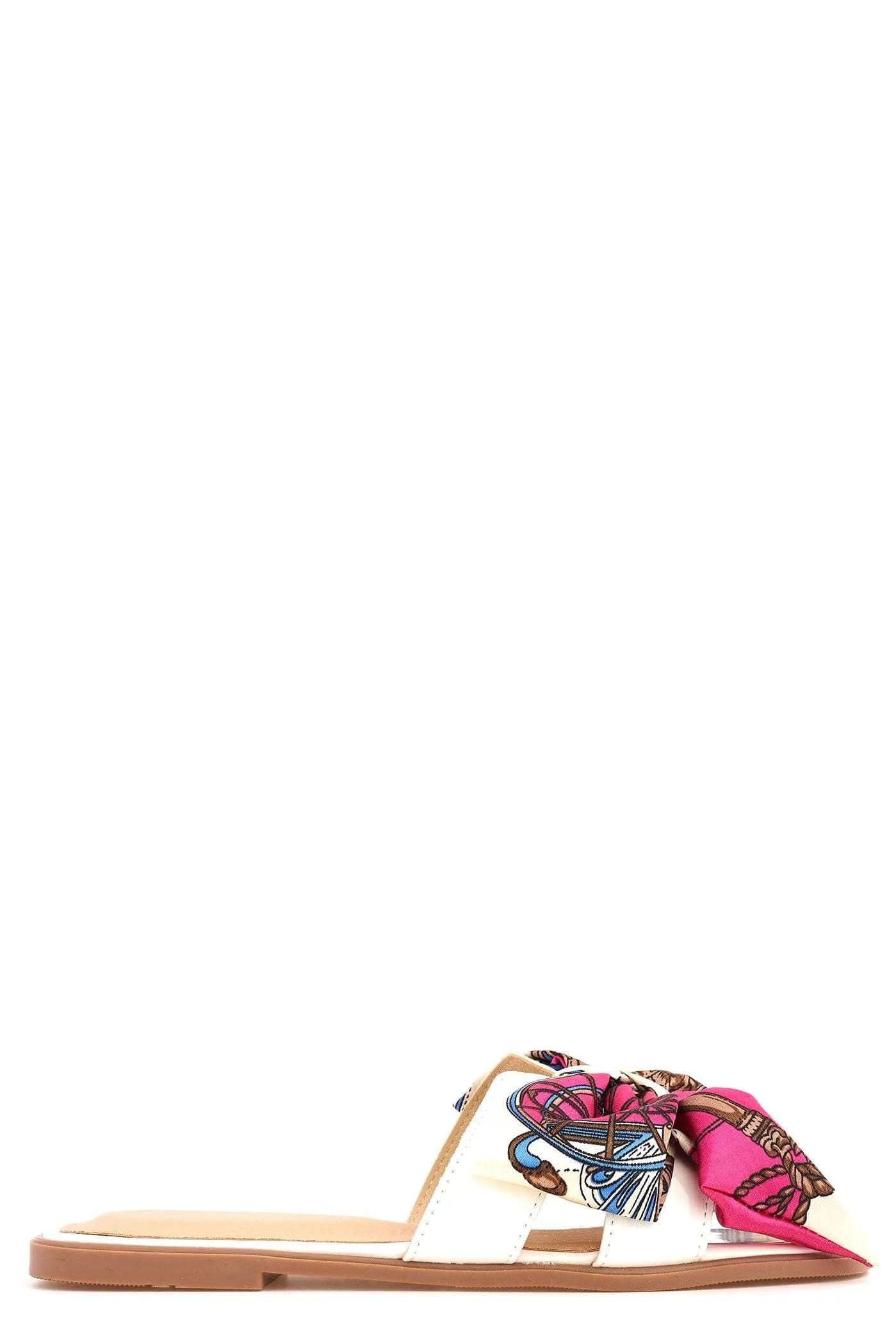 Paris Chain Print Silk Bow Open Toe Flat Sliders in White