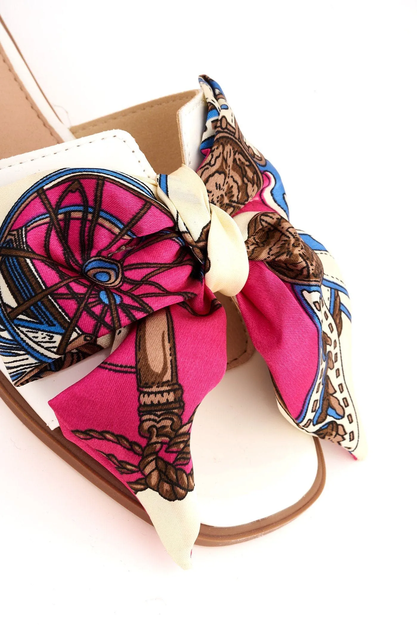 Paris Chain Print Silk Bow Open Toe Flat Sliders in White