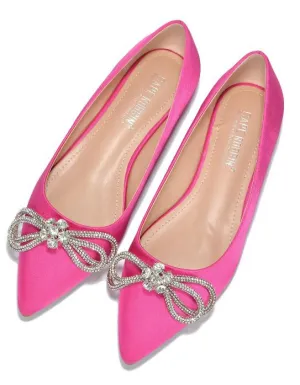 Pink Womens Rhinestone Bow Pointy Toe Slip On Flats