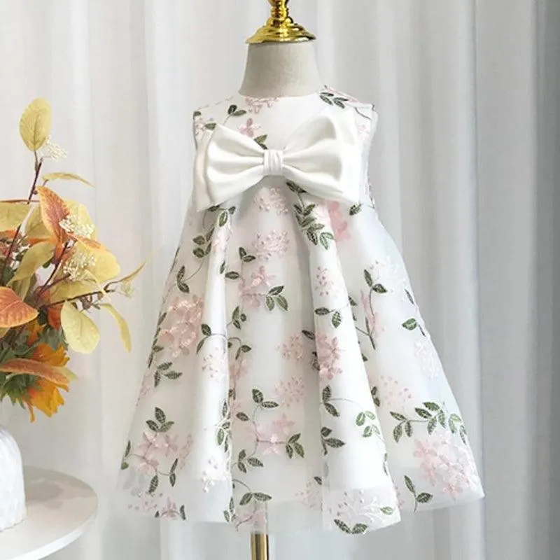 Printed Big bow princess dress for baby baptism wear