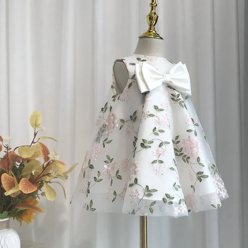 Printed Big bow princess dress for baby baptism wear