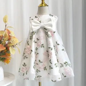 Printed Big bow princess dress for baby baptism wear
