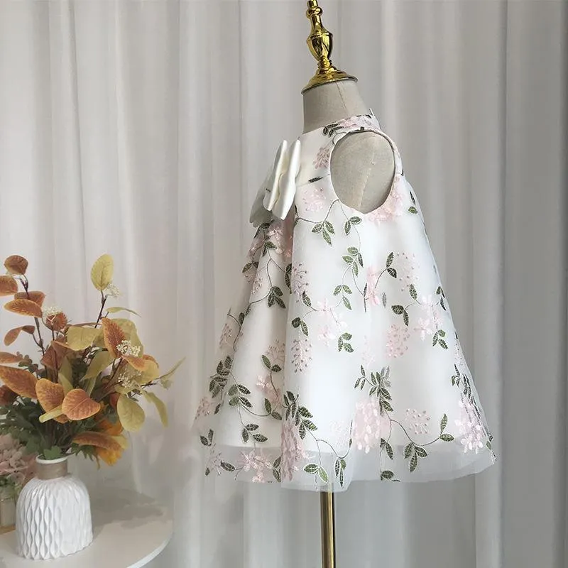 Printed Big bow princess dress for baby baptism wear