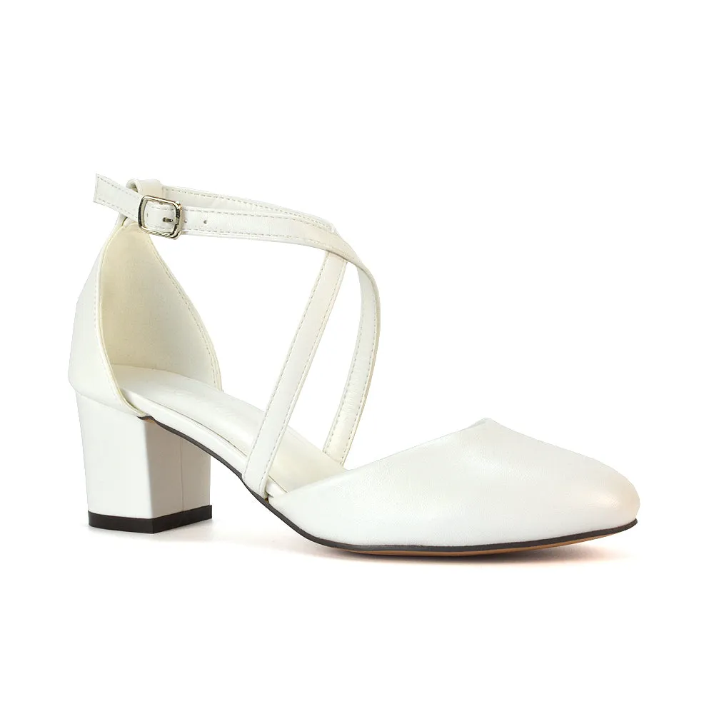 Riana Closed Toe Mid Block Heel Sandal Court Shoes in Black Synthetic Leather