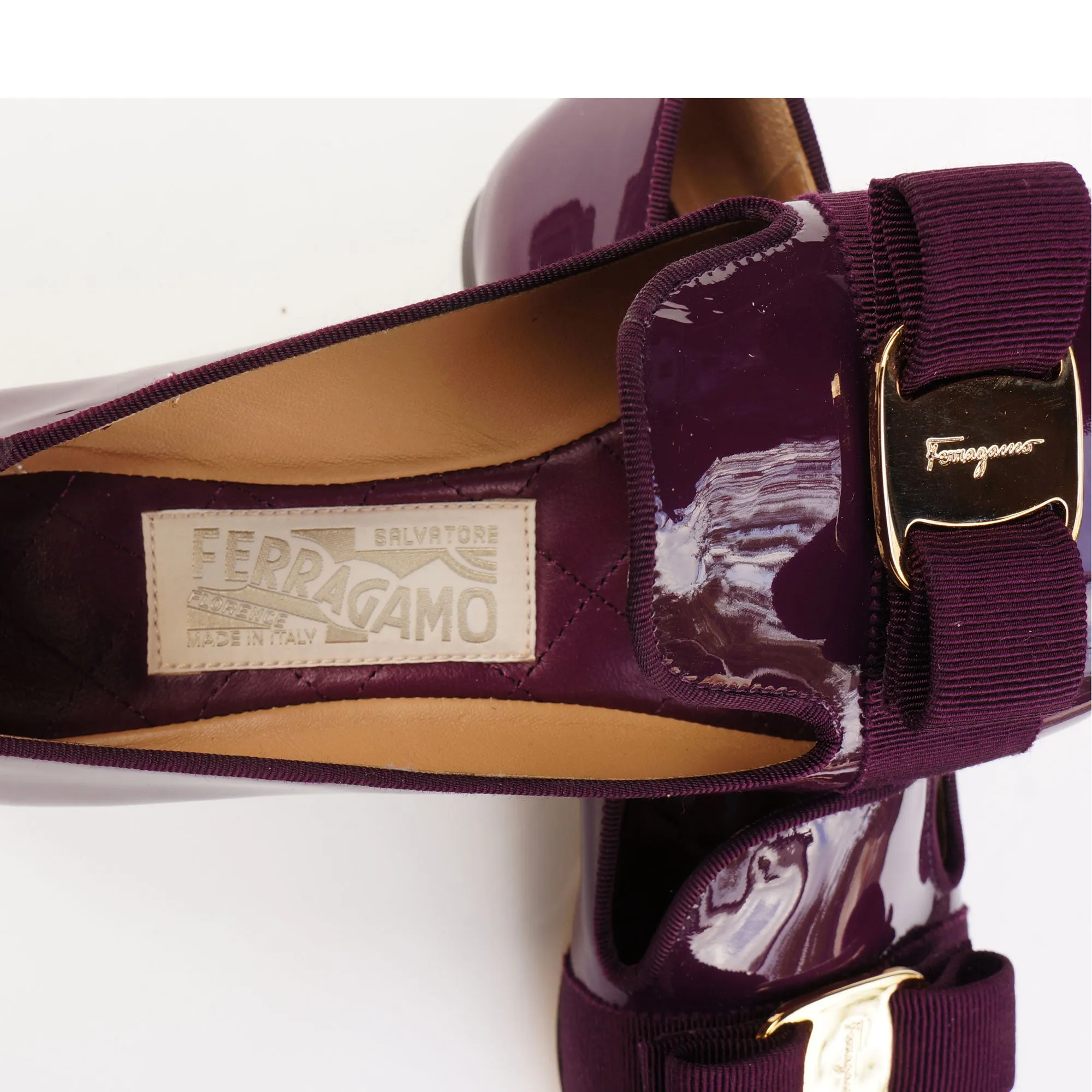 SALVATORE FERRAGAMO WINE PATENT LEATHER VERA BOW PATENT LEATHER BALLET FLATS
