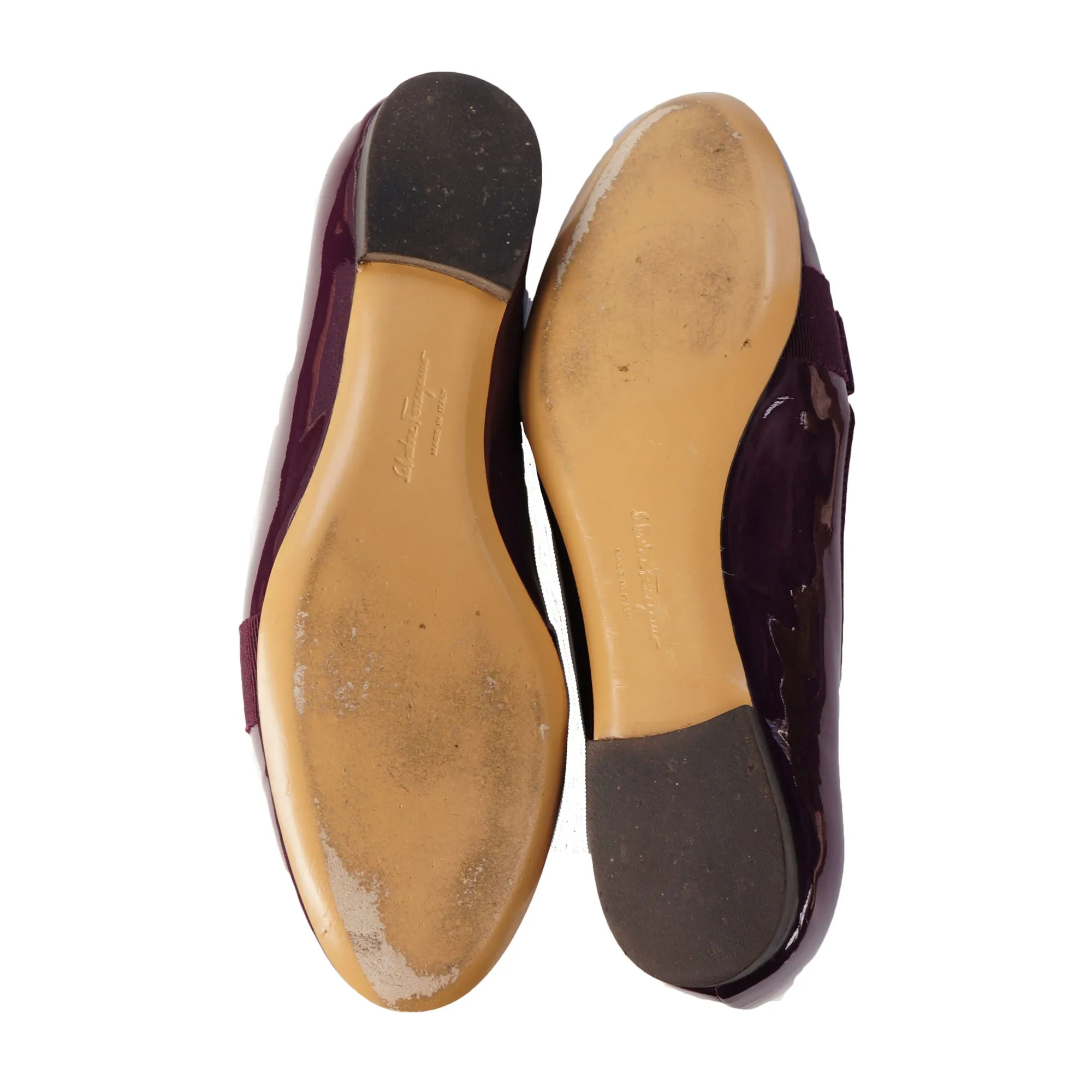 SALVATORE FERRAGAMO WINE PATENT LEATHER VERA BOW PATENT LEATHER BALLET FLATS