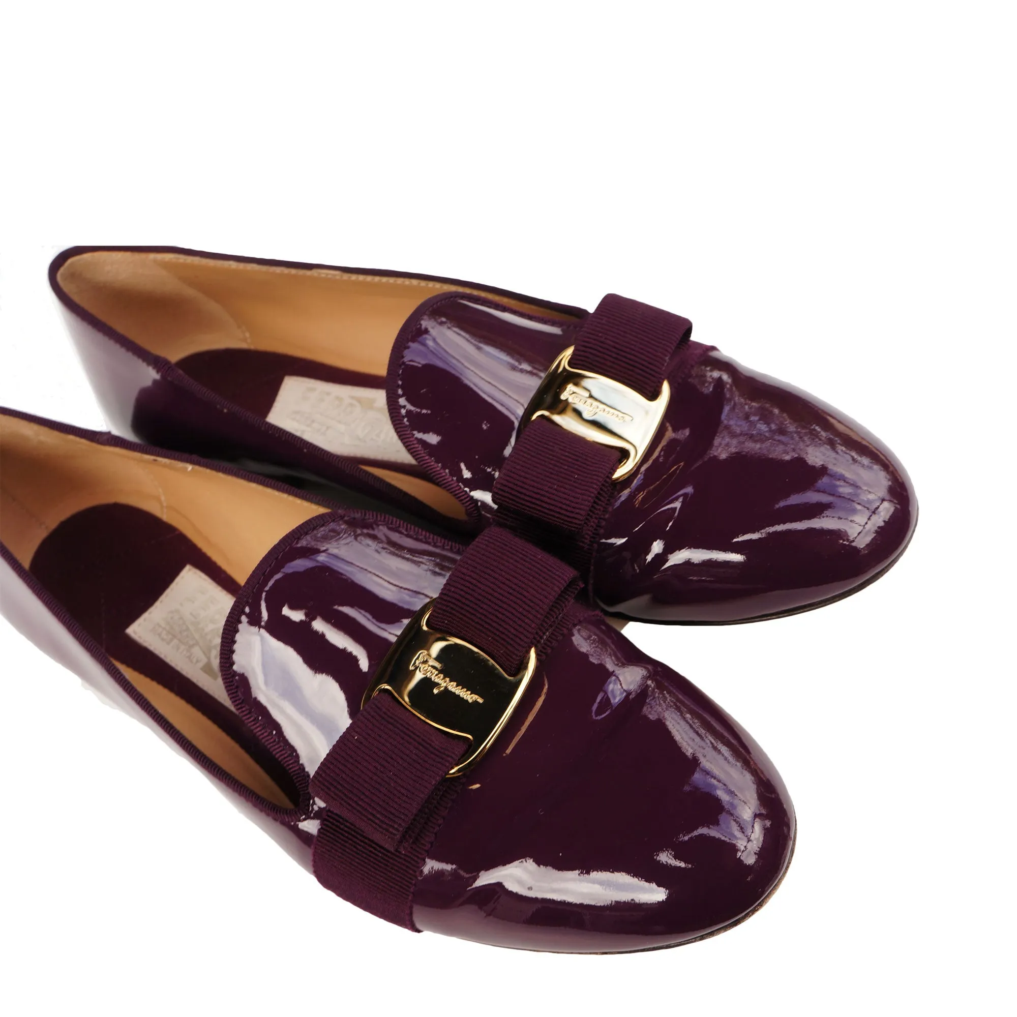 SALVATORE FERRAGAMO WINE PATENT LEATHER VERA BOW PATENT LEATHER BALLET FLATS