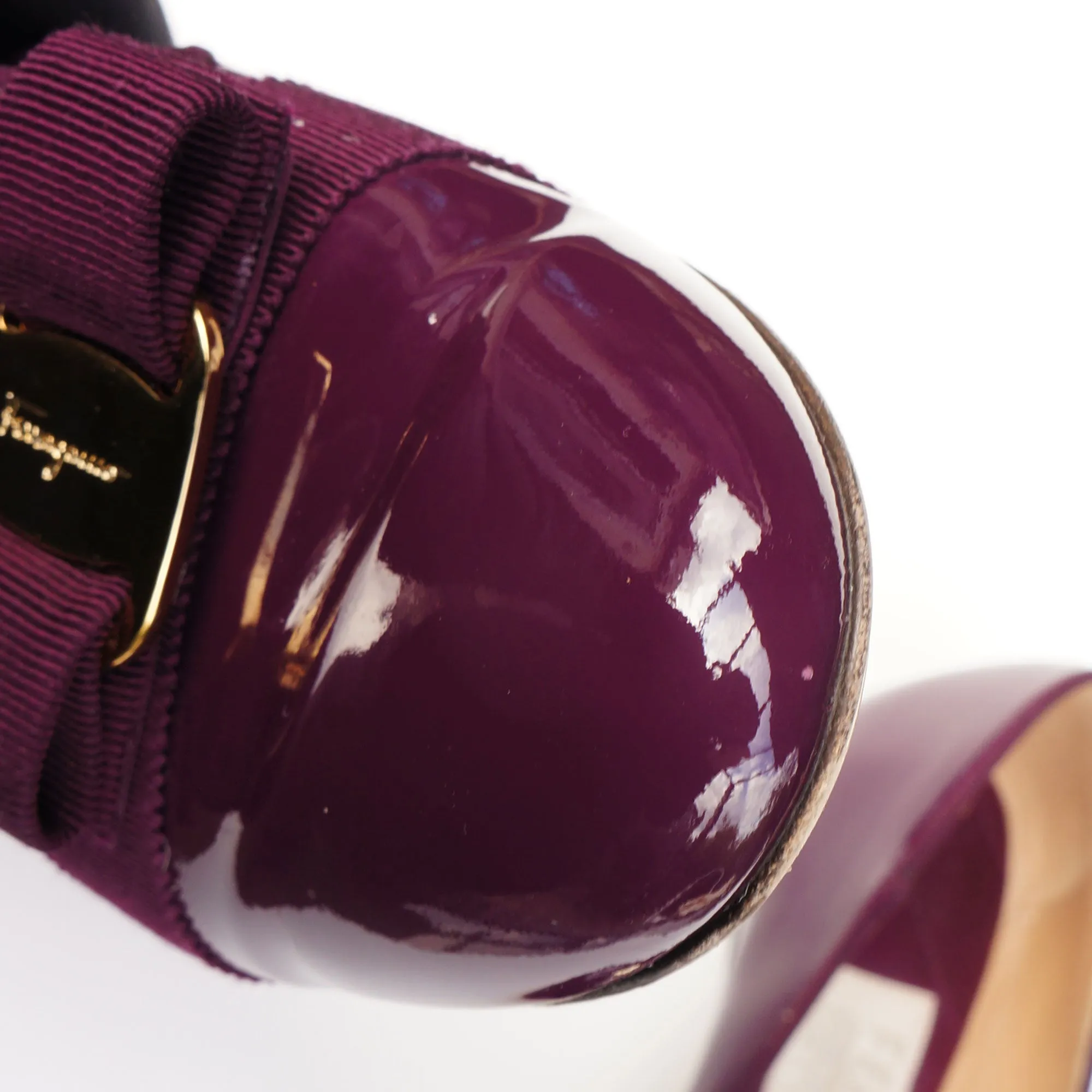 SALVATORE FERRAGAMO WINE PATENT LEATHER VERA BOW PATENT LEATHER BALLET FLATS