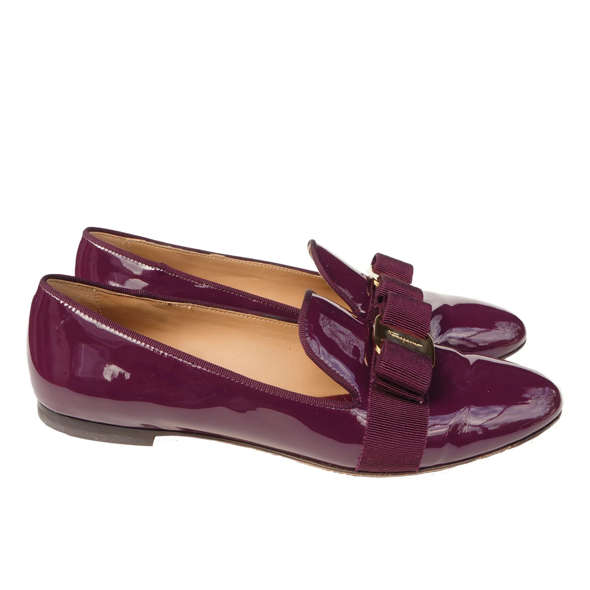 SALVATORE FERRAGAMO WINE PATENT LEATHER VERA BOW PATENT LEATHER BALLET FLATS