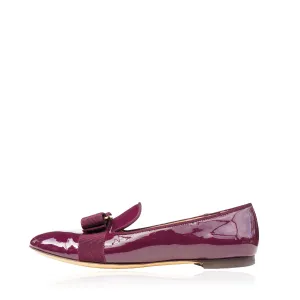 SALVATORE FERRAGAMO WINE PATENT LEATHER VERA BOW PATENT LEATHER BALLET FLATS