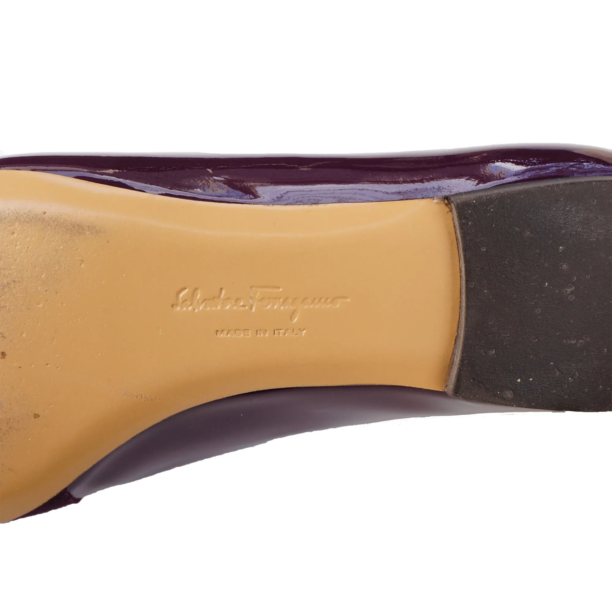 SALVATORE FERRAGAMO WINE PATENT LEATHER VERA BOW PATENT LEATHER BALLET FLATS