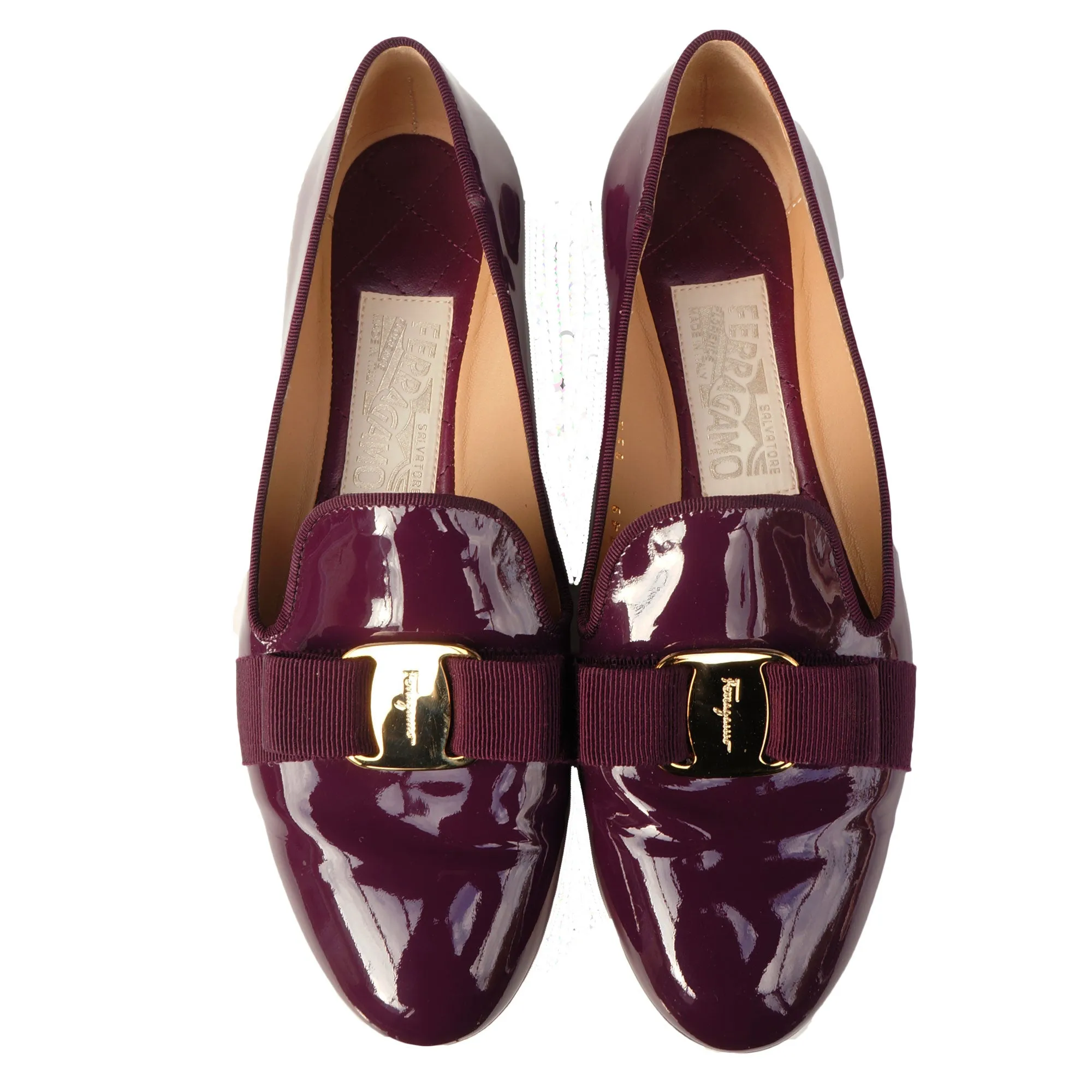 SALVATORE FERRAGAMO WINE PATENT LEATHER VERA BOW PATENT LEATHER BALLET FLATS