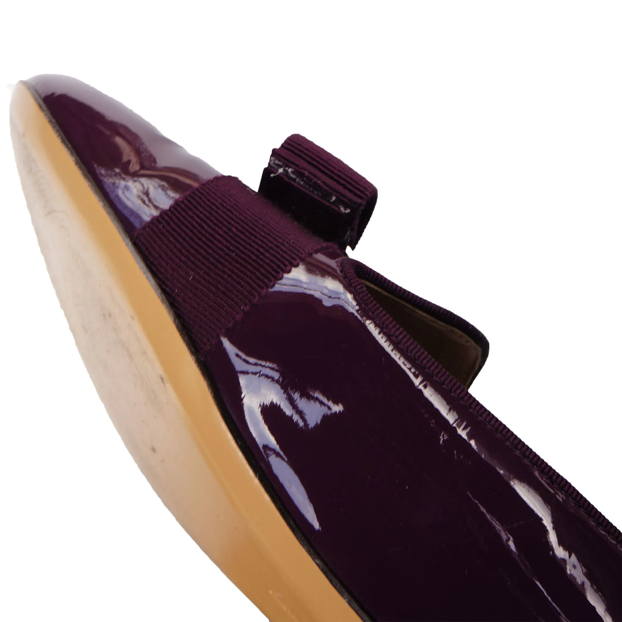 SALVATORE FERRAGAMO WINE PATENT LEATHER VERA BOW PATENT LEATHER BALLET FLATS