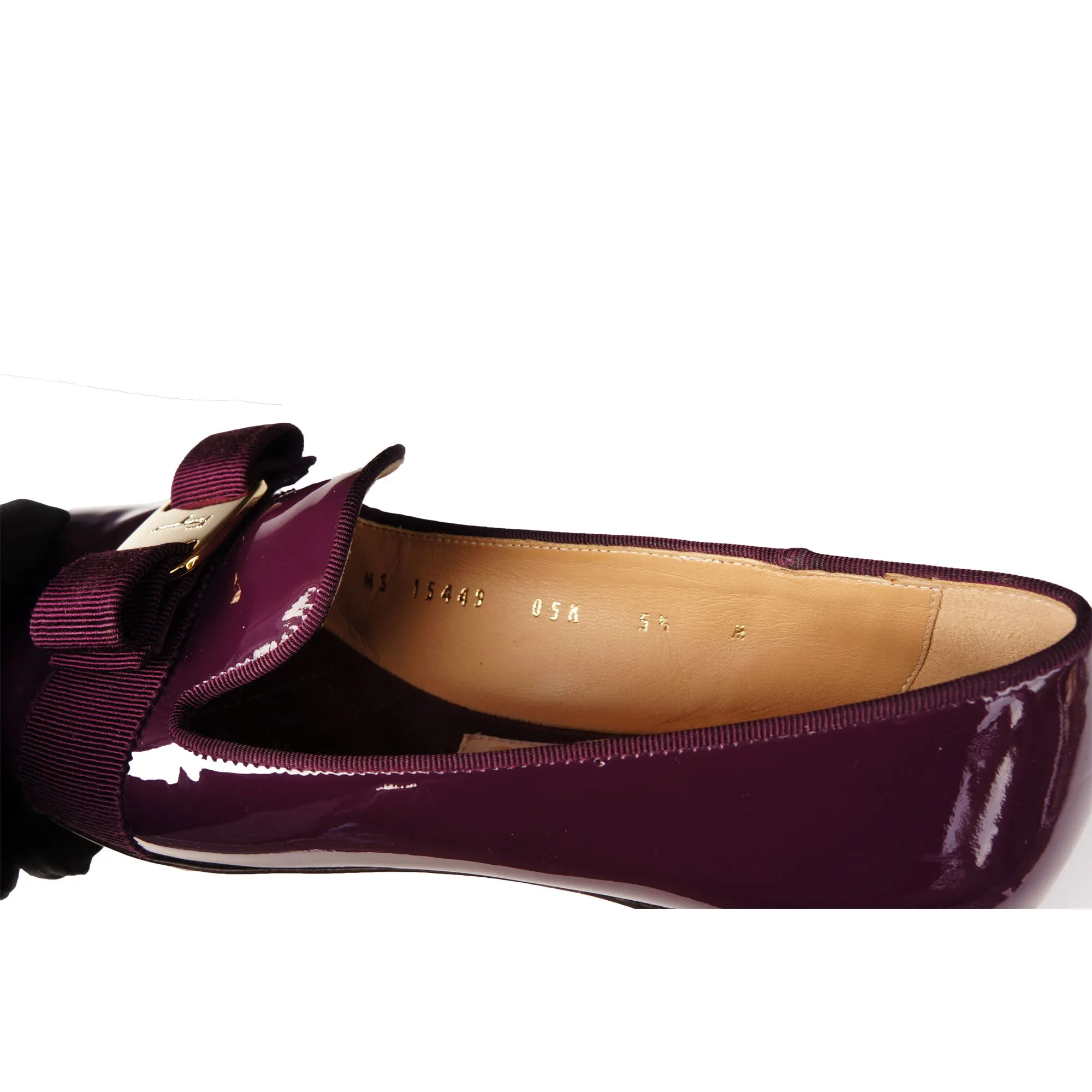 SALVATORE FERRAGAMO WINE PATENT LEATHER VERA BOW PATENT LEATHER BALLET FLATS