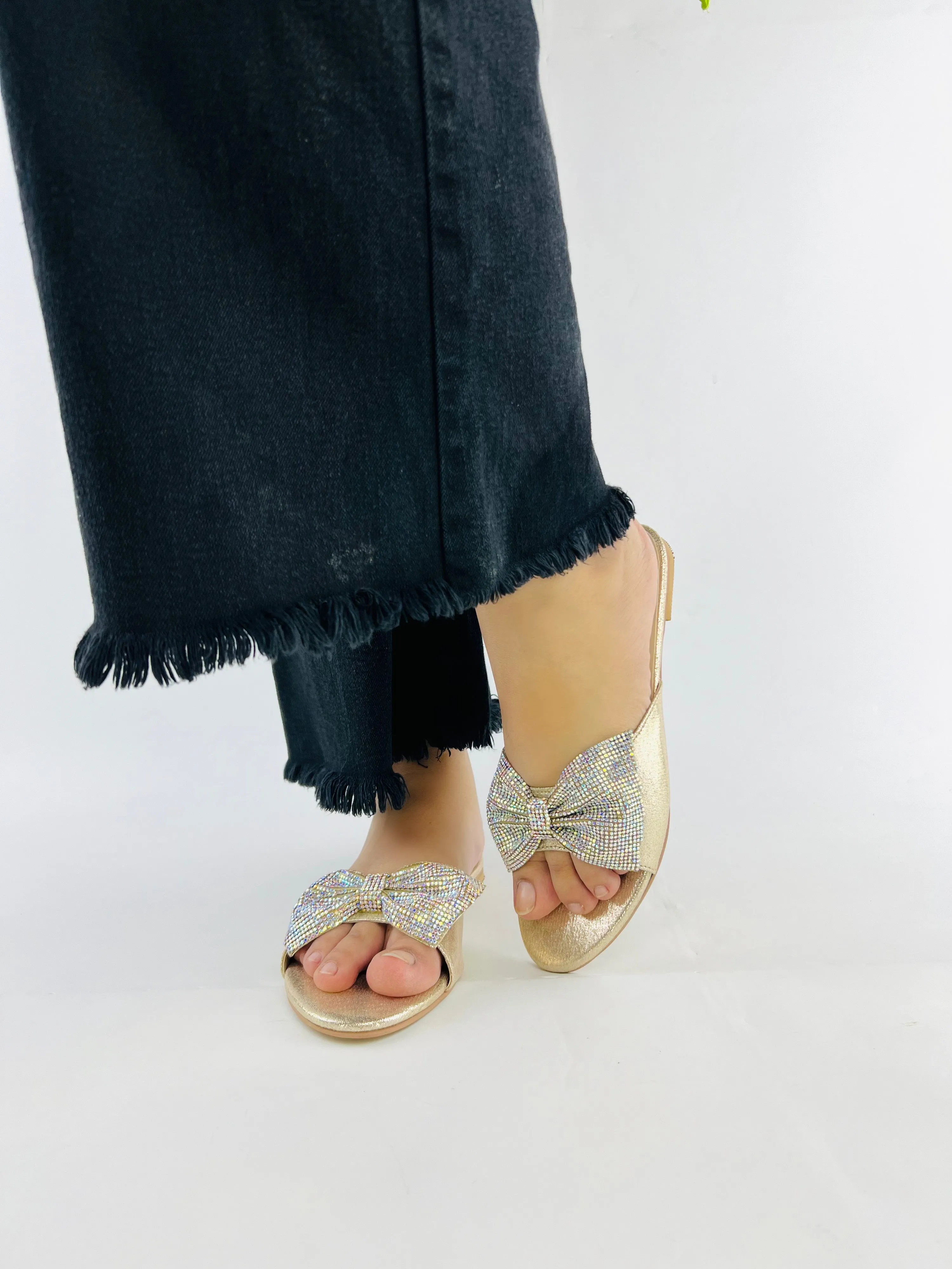 Spunkz Shimmery Gold Diamond Jeweled Butterfly Knot Bow Flats