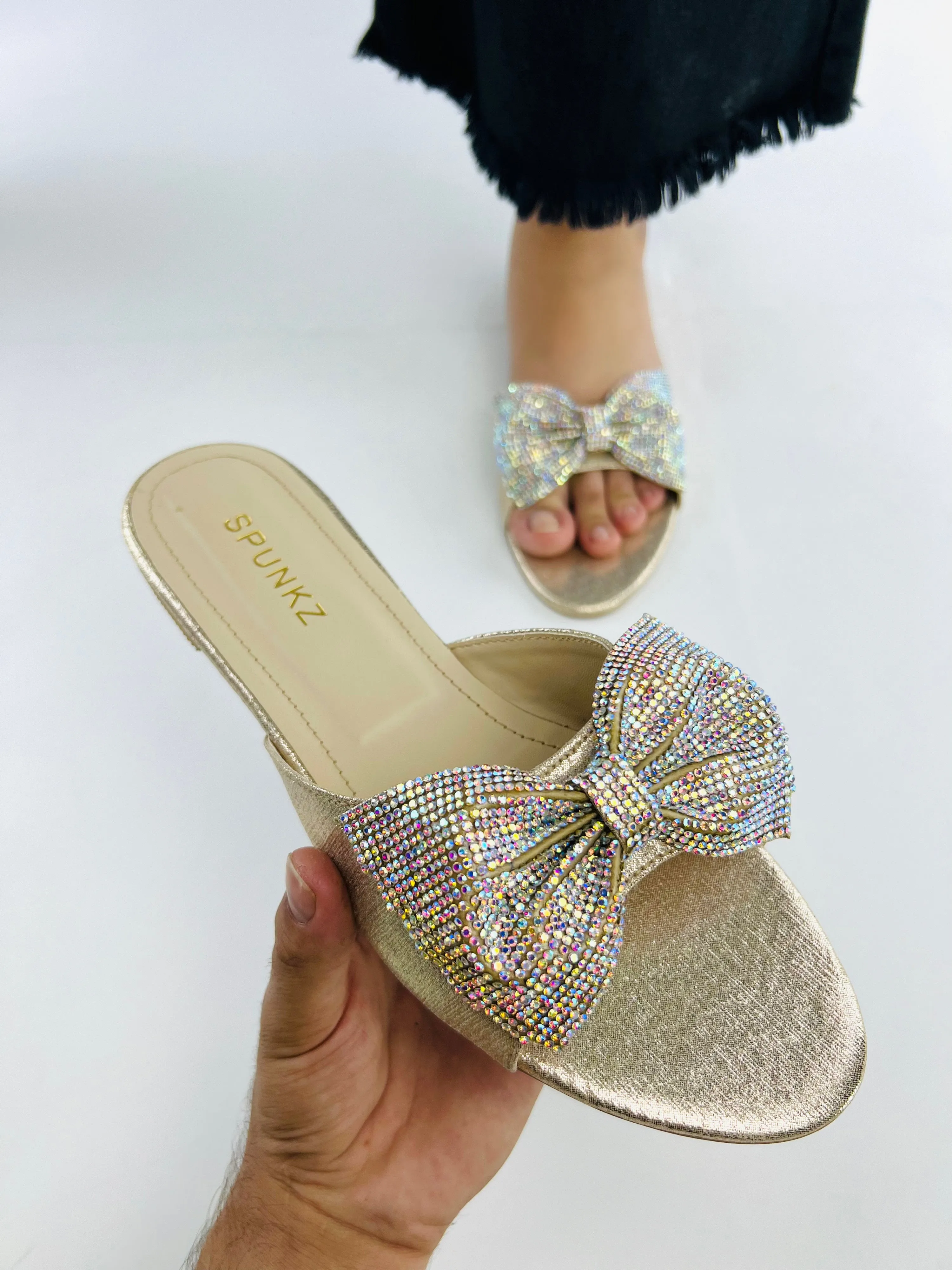 Spunkz Shimmery Gold Diamond Jeweled Butterfly Knot Bow Flats