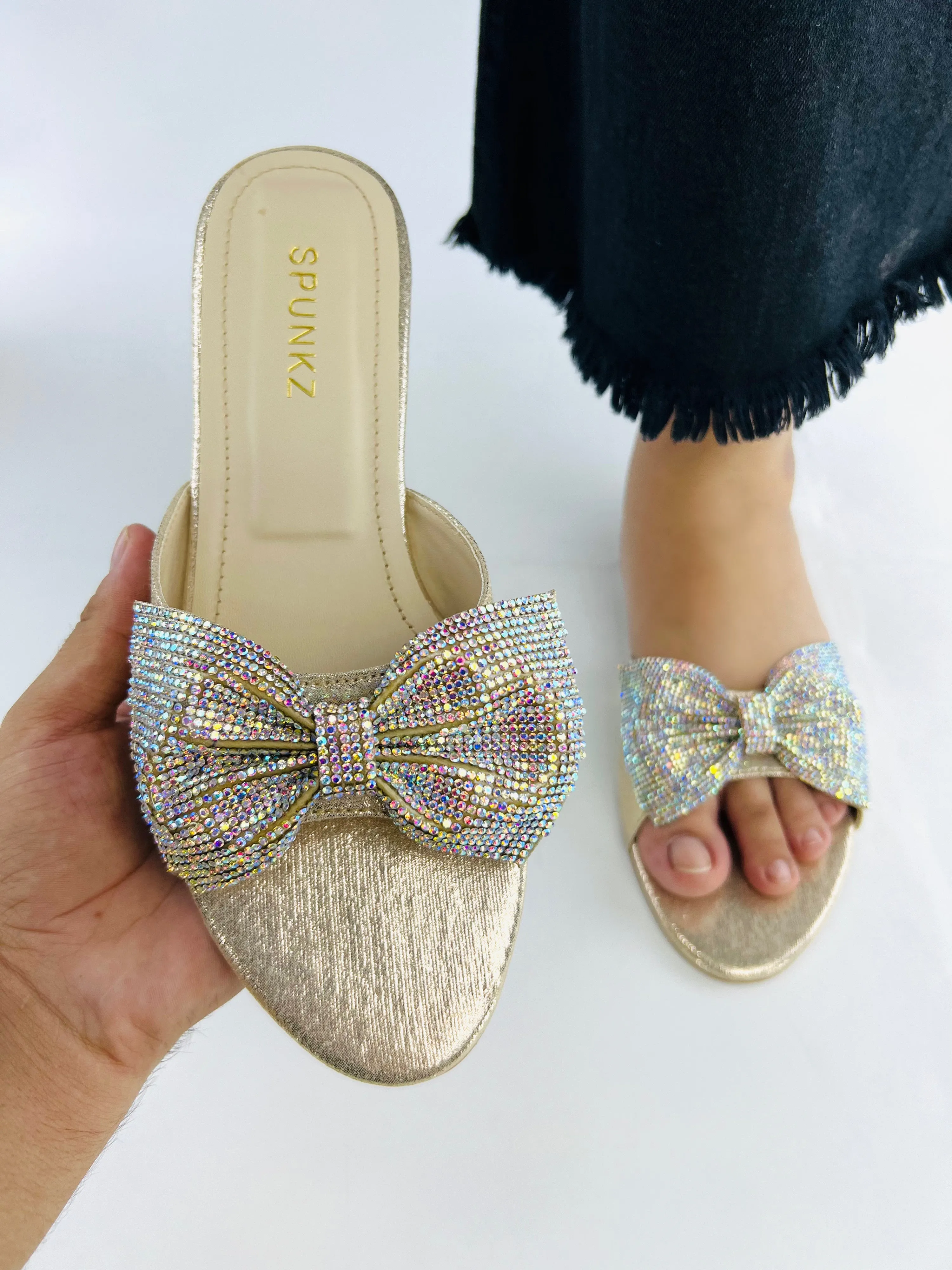 Spunkz Shimmery Gold Diamond Jeweled Butterfly Knot Bow Flats