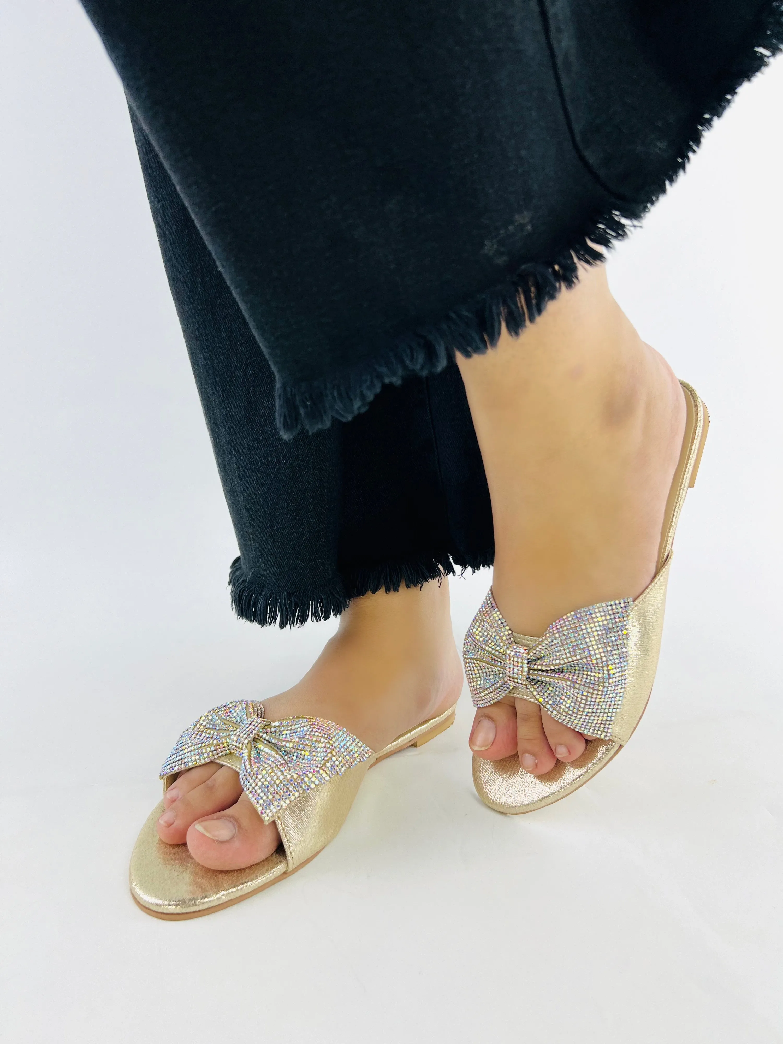Spunkz Shimmery Gold Diamond Jeweled Butterfly Knot Bow Flats