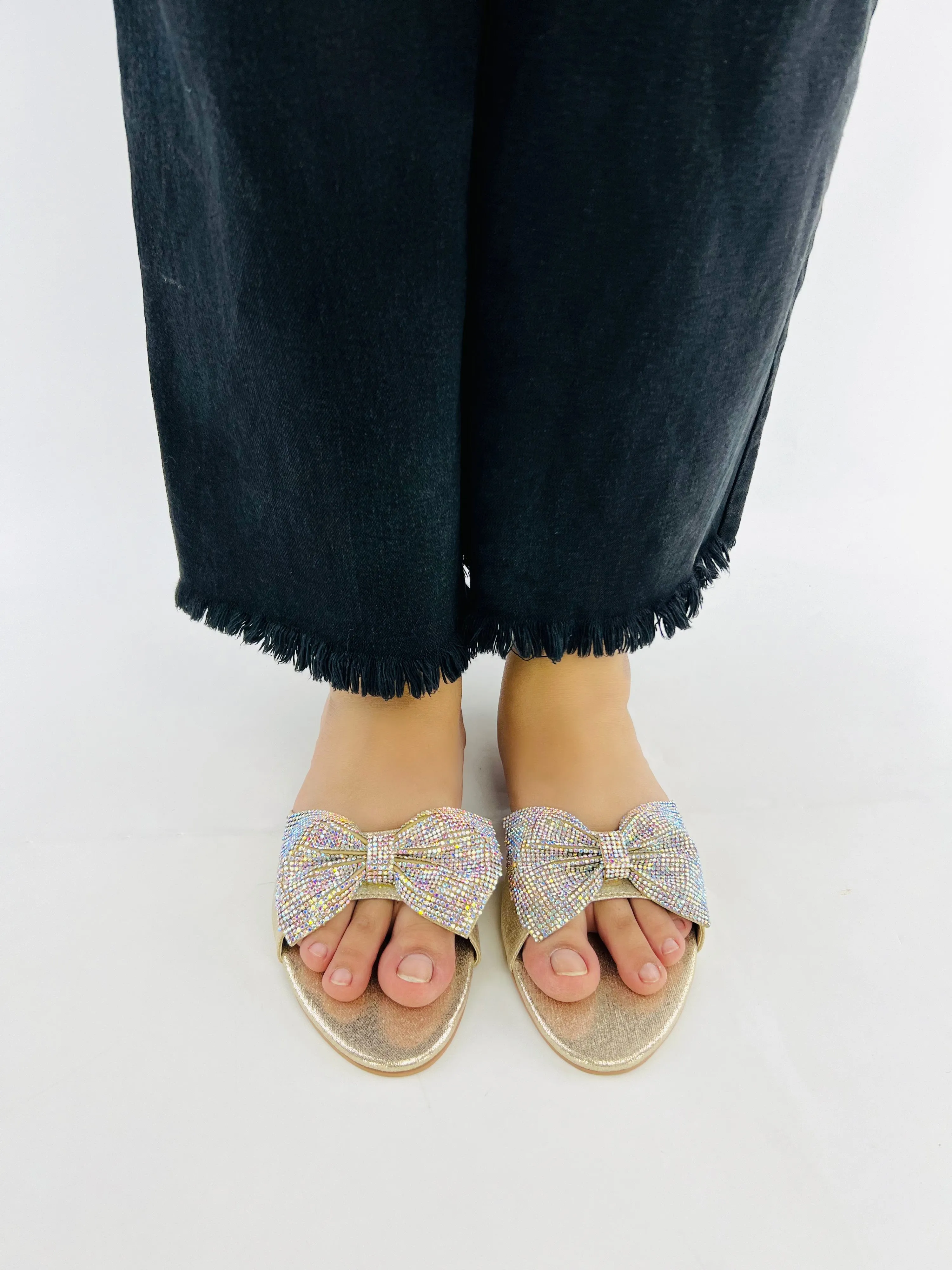 Spunkz Shimmery Gold Diamond Jeweled Butterfly Knot Bow Flats