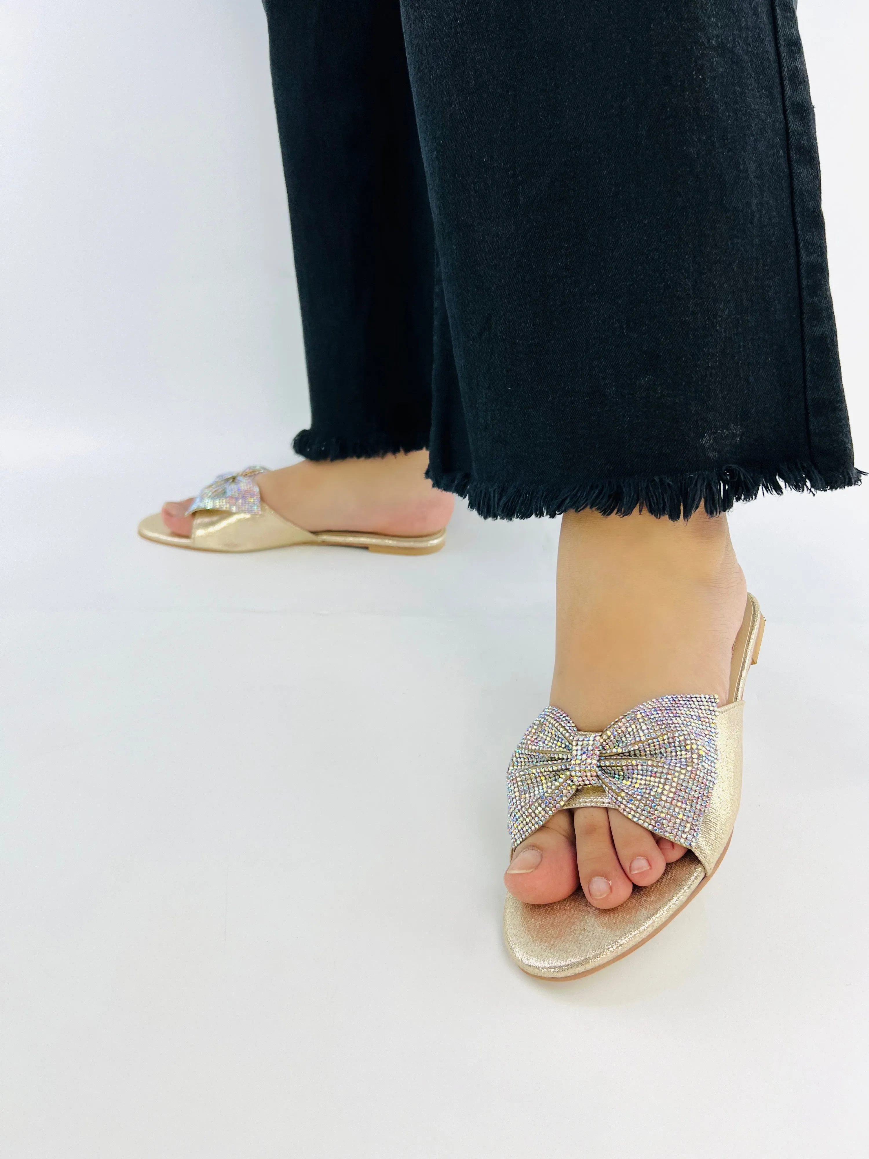 Spunkz Shimmery Gold Diamond Jeweled Butterfly Knot Bow Flats