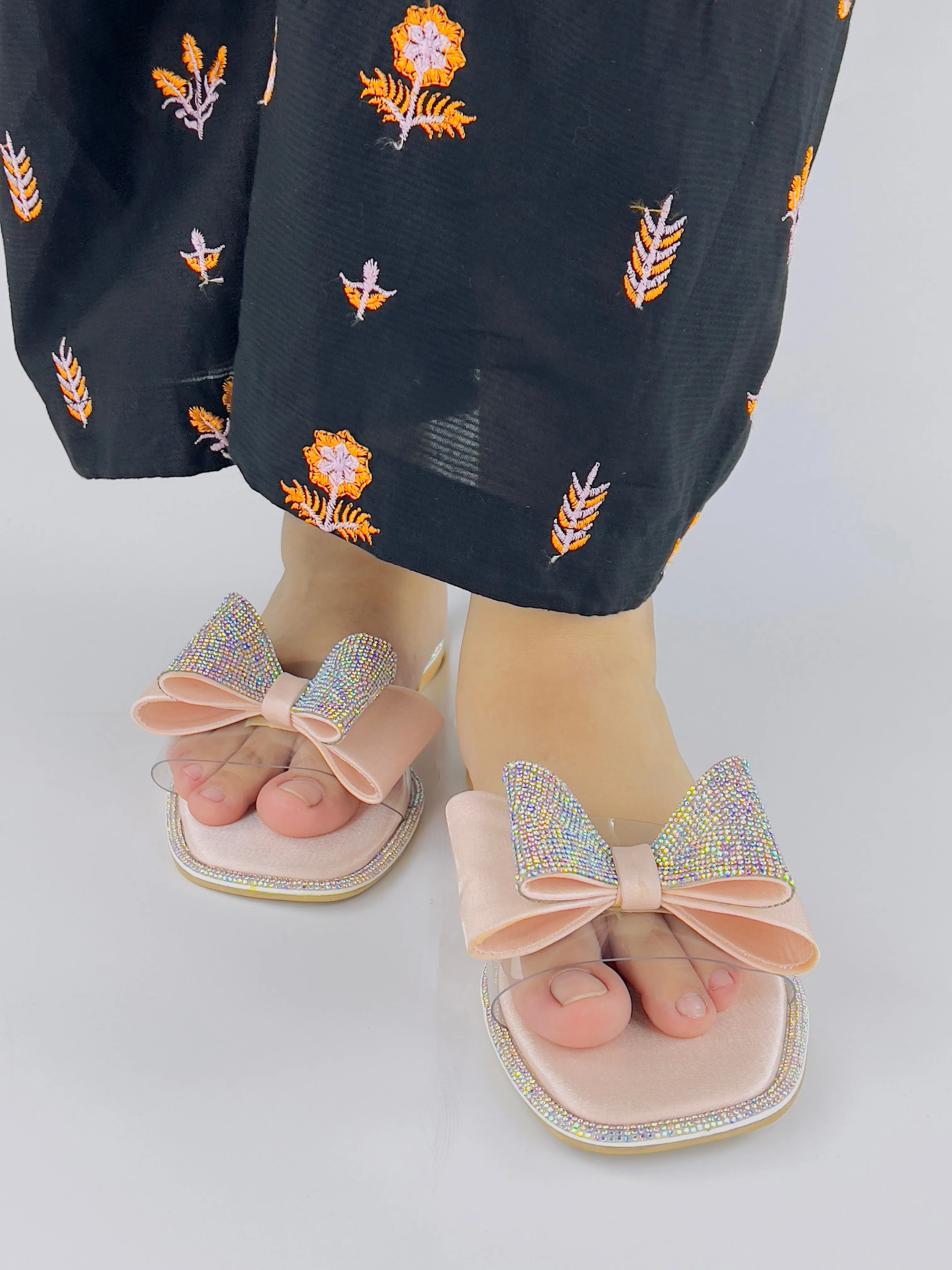 Spunkz Sweet Pink Crystal Diamanté Bow Flats Slip on Sandals