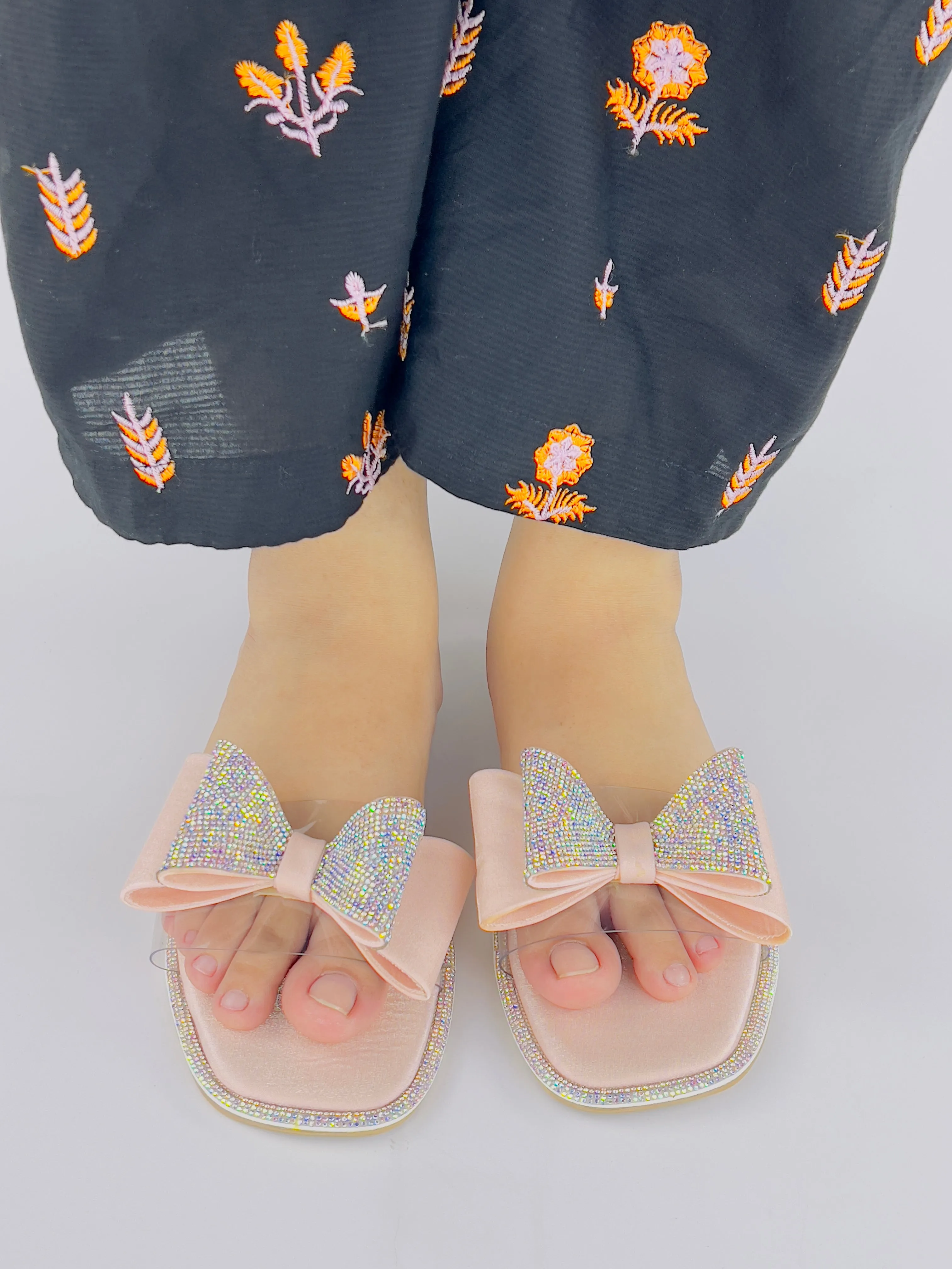 Spunkz Sweet Pink Crystal Diamanté Bow Flats Slip on Sandals