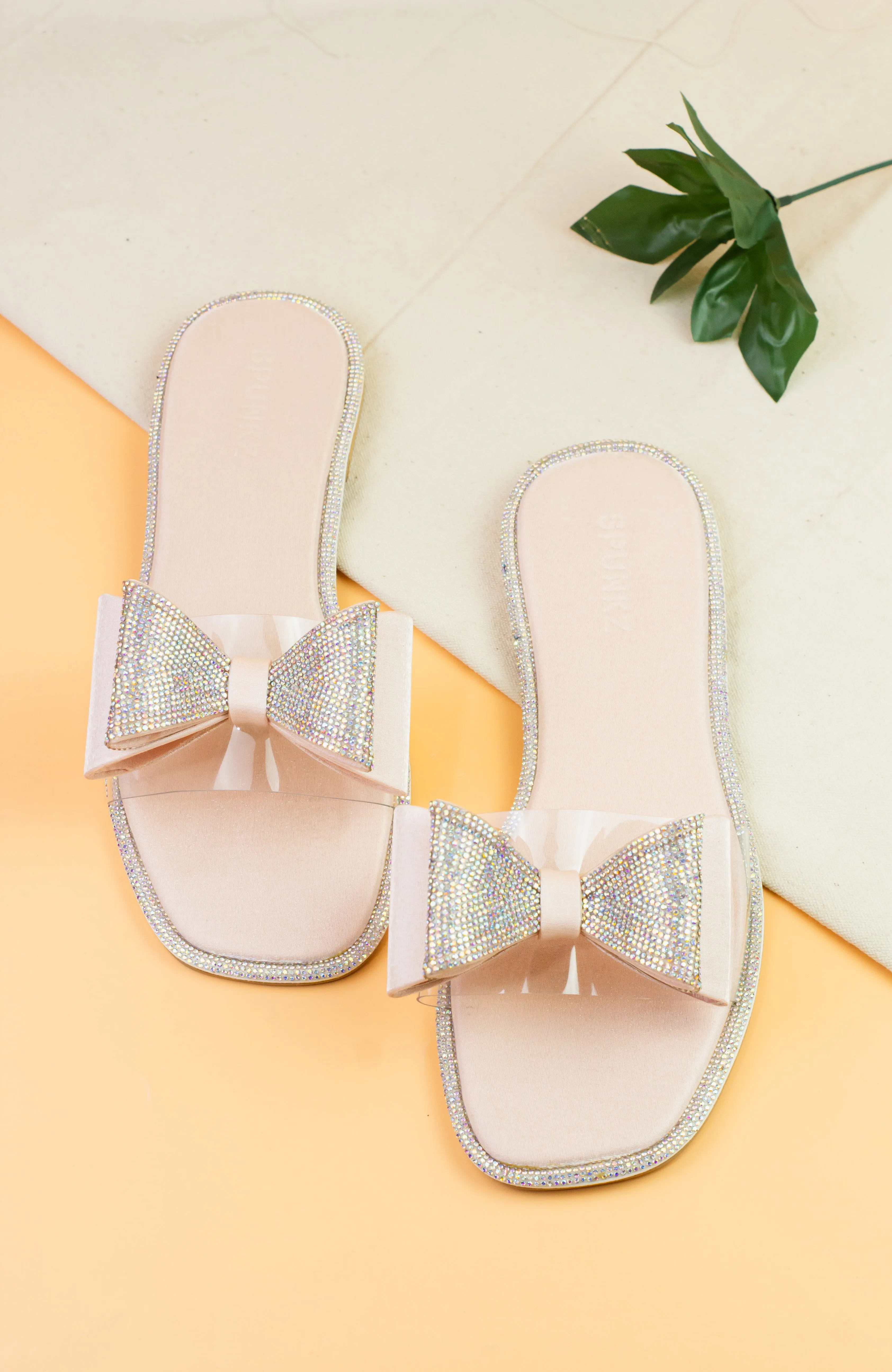 Spunkz Sweet Pink Crystal Diamanté Bow Flats Slip on Sandals
