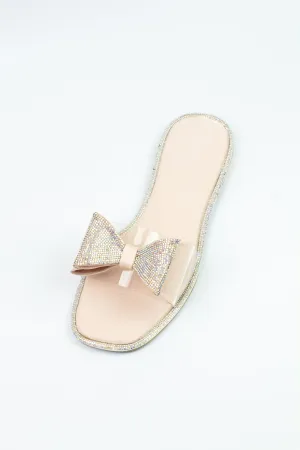 Spunkz Sweet Pink Crystal Diamanté Bow Flats Slip on Sandals